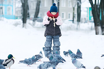 Fototapeta na wymiar little girl is feeding birds in winter park / concept of caring, family, walk. A kind, generous child treats pigeons with bread. Clothing, seasonal, warm, sports.