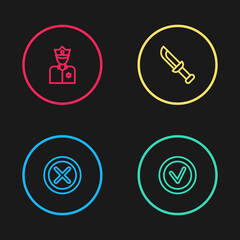 Set line X Mark, Cross in circle, Check mark round, Military knife and Police officer icon. Vector.