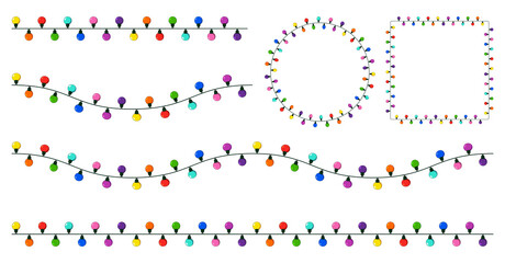 Obraz premium Christmas lights string set. Collection of garland with colorful light bulb. Group of xmas line divider border and frame (circle and square). Cartoon decorative illustration isolated on white.