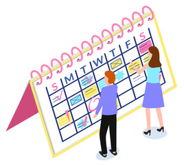 People make a schedule, calendar and planning, business planner isolated icon vector. Man and women scheduling tasks for week. Time management, organizer and timetable, notes of events illustration