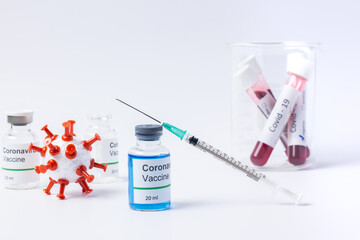 Covid -19 vaccine vial and injection syringe isolated on white background.vaccine bottle , model coronavirus  and hypodermic syring on white background