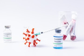 Covid -19 vaccine vial and injection syringe isolated on white background.vaccine bottle , model coronavirus  and hypodermic syring on white background