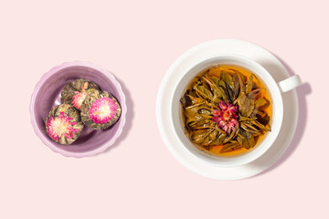 Thousand year red tea flower. Dried and in the cup. Before and after. Process, change, tea concept....
