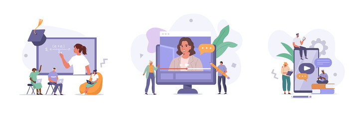 People Characters Having Video Call with Teacher on Laptop and Smartphone. Students Listening Lection and Learning on Digital Platform. Online Education Concept. Flat Cartoon Vector Illustrations Set.