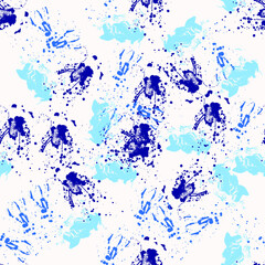 Abstract seamless pattern with blue spots of paint on a white background. Use in textiles, clothing, fabric, wallpaper, design, baby backgrounds, wrapping paper. Vector.