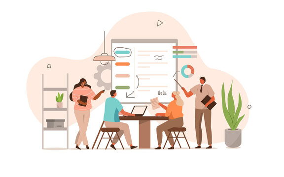 People Characters Meeting in Conference Room and Planning Project Strategy. Colleagues Sharing their Business Ideas on Board. Business Process Concept. Flat Cartoon Vector Illustration.
