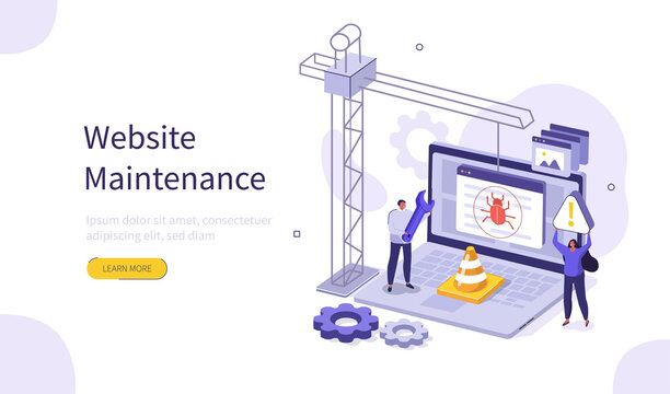 
People Characters Developing Web Site. Woman and Man Solving Errors and Bugs. Website Maintenance Process and Under Construction Concept Page. Flat Isometric Vector Illustration.
