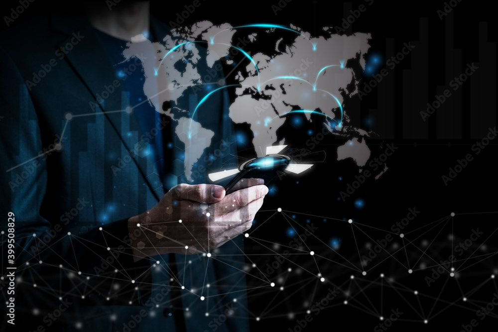 Poster business and technology concept background with businessman using mobile analyzing data and economic