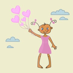 Cheerful and happy girl holding balloons. Children's emotions. Vector illustration with clouds on a yellow background.