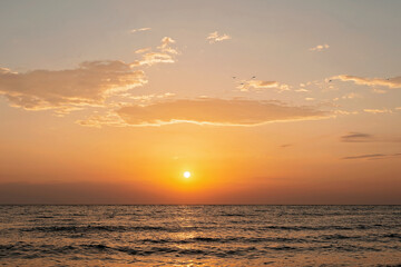 Fototapeta premium Colorful sunset on a sandy beach, waves with foam on the sand. Ocean, coast. Soft selective focus.