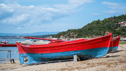 Fototapeta na wymiar Beached boats in Ouranoupolis, Greece
