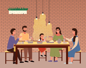 Restaurant in indian style flat vector illustration. Dining table with pitas and sauces. Arrangement of furniture. Family eating indian food. People in national costumes have dinner together