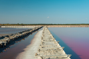 Pink salt lake. Production of pink salt. Soft selective focus.