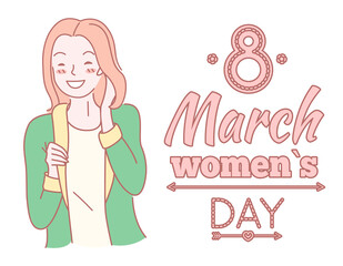 8 march happy women s day poster, girlish concept, pretty happy smiling girl, drawing nice lady touch her hair, greeting. Congratulation with holiday. Special international women s day. Sketch art