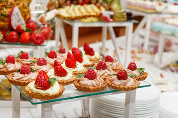 Candy bar. Delicious wedding reception candy bar dessert table