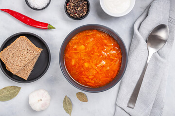 Traditional ukrainian russian soup (borscht) with bread and sour cream