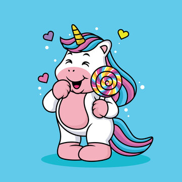 Cute Unicorn Cartoon bring Lollipops with Cute Expression