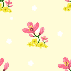 Pink and yellow flowers with soft yellow background behind. Seamless pattern. Vector Illustrator.