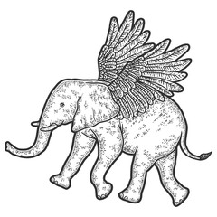 Baby elephant with wings. Engraving vector illustration. Sketch