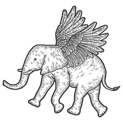 Baby elephant with wings. Engraving raster illustration. Sketch