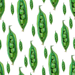 Seamless watercolor botanical pattern with green peas