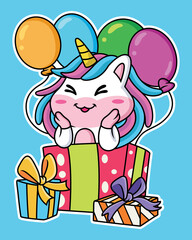 Cartoon unicorn party with balloons and gifts