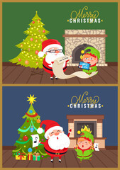 Merry Christmas greeting card Santa and Eve reading long paper and holding tablet. Singing songs near fir-tree decorated toys and burning fireplace