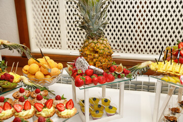 Candy bar. Delicious wedding reception candy bar dessert table