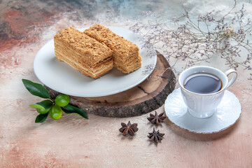 front view delicious cake slices honey cake on light background sweet pie biscuits cake