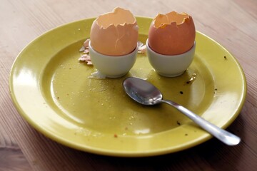 yellow plate with empty eggshells left on the table after breakfast - selective focus