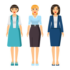 Set of vector chartoon characters. Dresscode of businesswoman. Woman wearing different clothes turquoise jacket and grey skirt, dress. Stylish business lady in blouse and skirt. Business person style