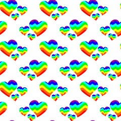 Vector seamless pattern of three different hearts. Abstract image depicting mountains or sea waves in colors of rainbow. Multicolored background