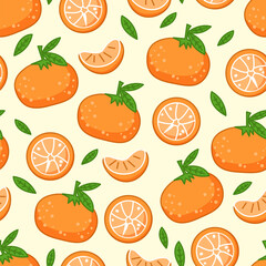 Pattern with fresh tangerines with green leaves. Vector orange citrus fruit ripe mandarin on white background. Set with whole fruit and a half, a piece, juicy lobule. Vitamin organic tropical food