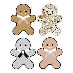 Merry Christmas gingerbread cookies on a white background. Happy new Year's holiday. Gold, silver, white, and black colors. Vector illustration for web design or print.