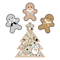 Merry Christmas gingerbread cookies on a white background. Happy new Year's holiday. Gold, silver, white, and black colors. Vector illustration for web design or print.