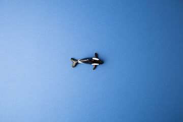 orca whale shaped plastic toy on color background