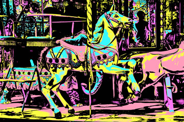Colorful carousel with ornate horse in an amusement park at Annecy. A lovely and historic city near the French Alps. Blacklight Poster filter.