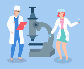 Mustachioed doctor in white uniform with clipboard in his hand and aboratory assistant woman with test tube or flask stand against the background of a huge cartoon microscope. Medical tests template