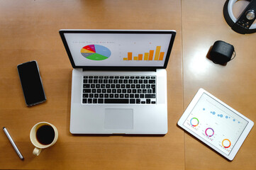 Top view workplace with computer laptop, tablet, smartphone and cup of hot tea or coffe. Histograms representation on pc screen. Business, growth, analysis, tele working concept.