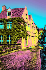 Naklejka premium Brick buildings with creeper in a street of Bruges. A cute city filled of canals and old buildings in Belgium. Blacklight Poster filter.