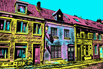 Facade of old houses and bicycle in an empty street of Bruges. A cute city filled of canals and old buildings in Belgium. Blacklight Poster filter.