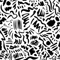 Sketchy background with brush stroke lines, waves and dots. Hand drawn vector seamless pattern. Doodle and freehand ink drawing. Black and white modern graphic texture. Charcoal and ink drawing