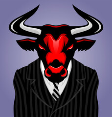 Illustration with a bull in a striped suit with a tie.