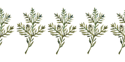 Watercolor seamless  borders with stylized twigs, flowers and leaves of the Wormwood plant