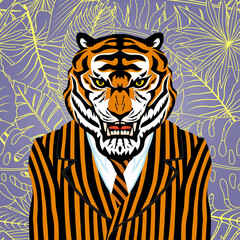 Illustration with tiger in striped suit with tie.