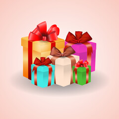 A large pile of colorful Packed realistic gift boxes. Many gifts. Winter sale, a symbol of discount design.