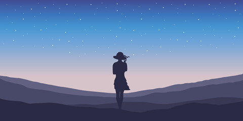 Fototapeta na wymiar pretty girl with summer hat silhouette on starry sky background vector illustration EPS10