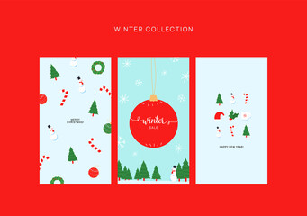 A set of Christmas and New Year illustrations: snow man, ball, trees, Santa's hat, candy, snowflakes. Text in English "Merry Christmas", "Winter Sale", "Happy New Year"
