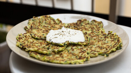 fried zucchini pancakes with greek yogurt