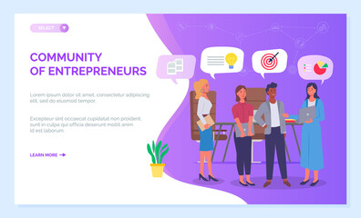 Landing page of website. Community of entrepreneurs. Businesspeople discussing strategy, reports, new idea, target, analytics, marketing. Developing of business, teamwork. Flat style illustration